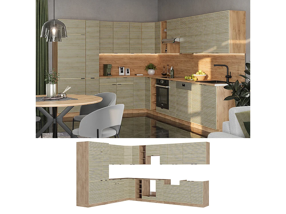 Cuisine en angle chêne lambris/chêne doré 347x60x81.6 fame-line