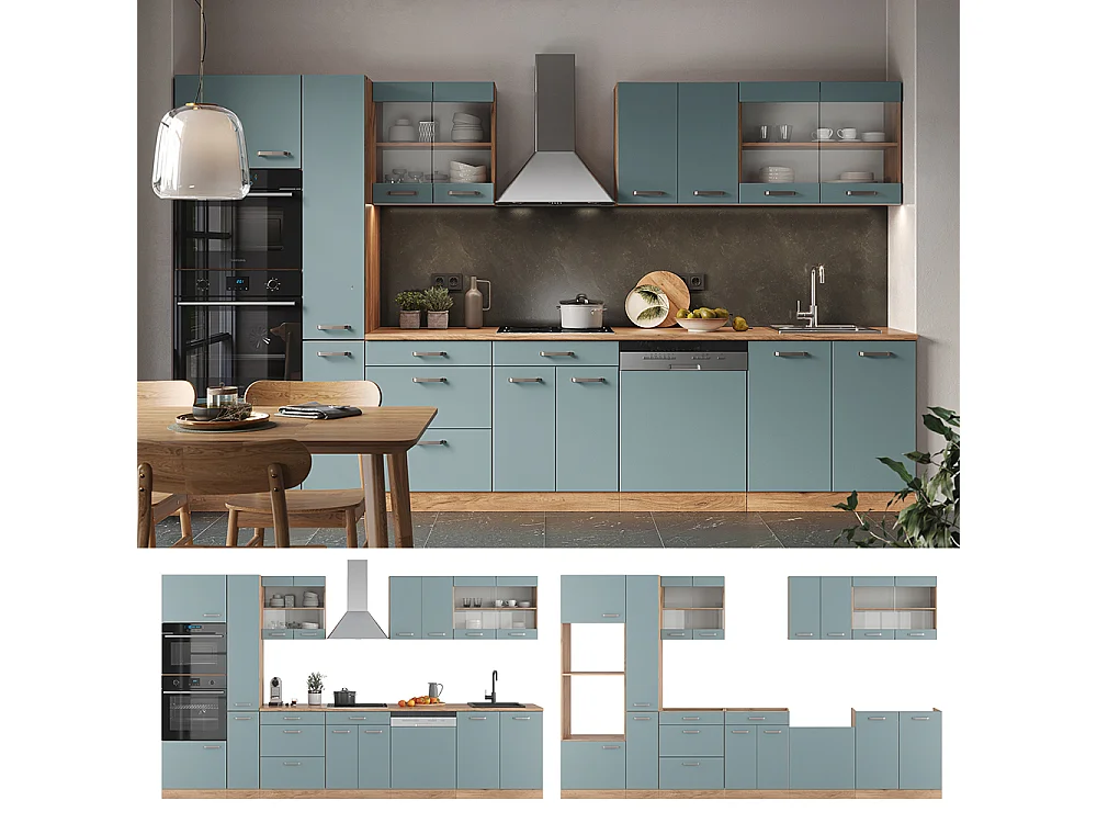 Cucina rovere blu-grigio/oro 350x60x81.6 r-line