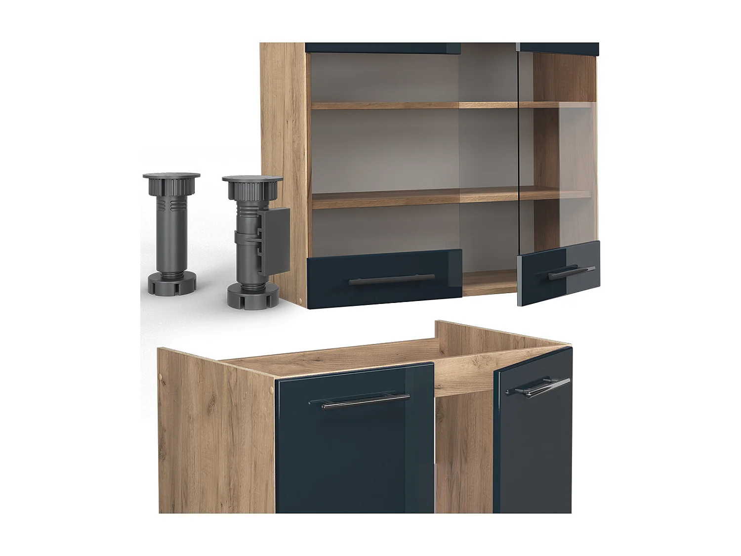 Muebles de cocina  azul oscuro alto brillo/roble dorado 200x46x81.6 fame-line