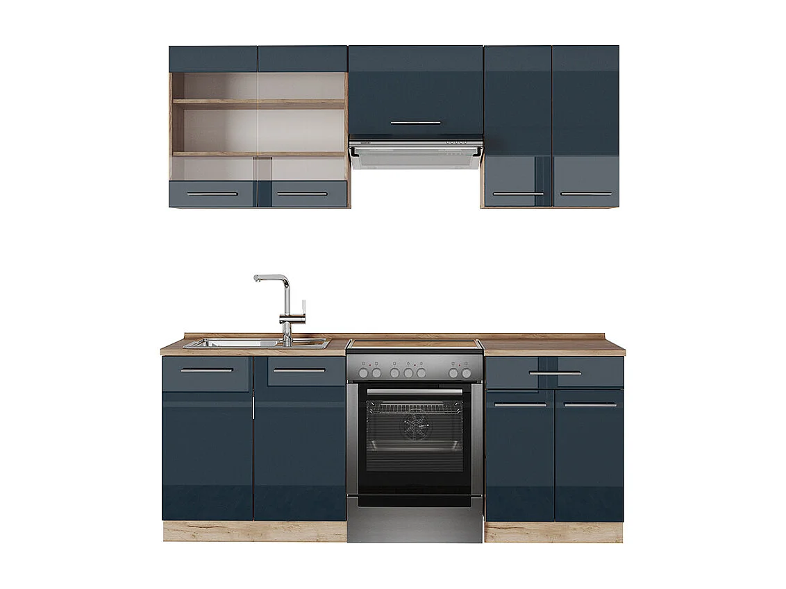 Ligne de cuisine bleu foncé brillant/chêne doré 200x46x81.6 fame-line