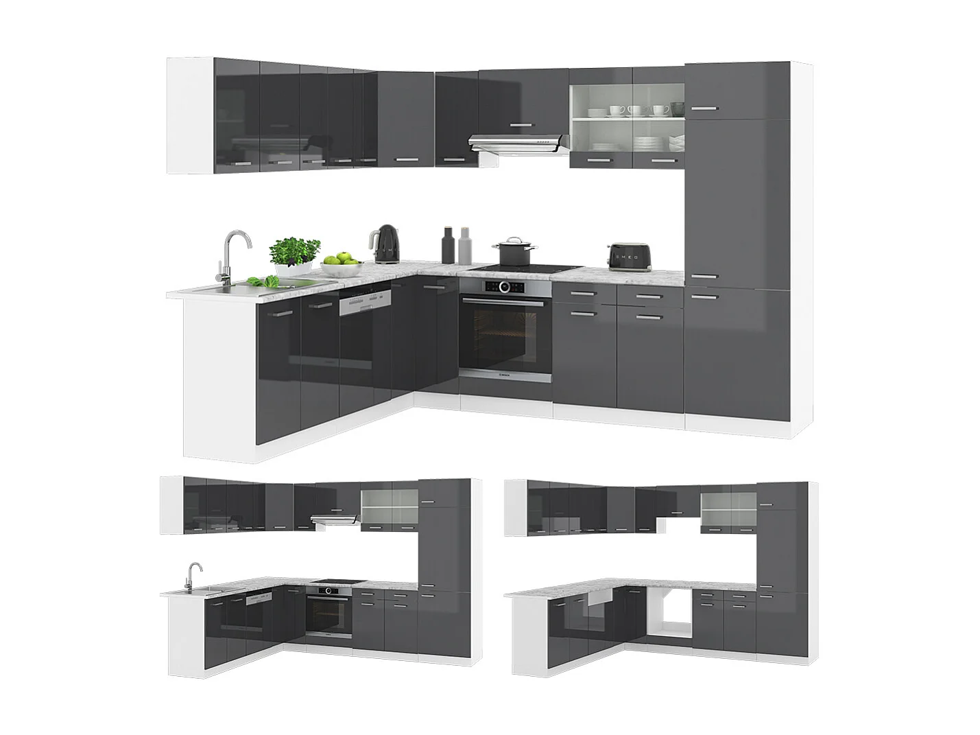 Hjørnekøkken antracit højglans/hvid 287x60x81.6 r-line