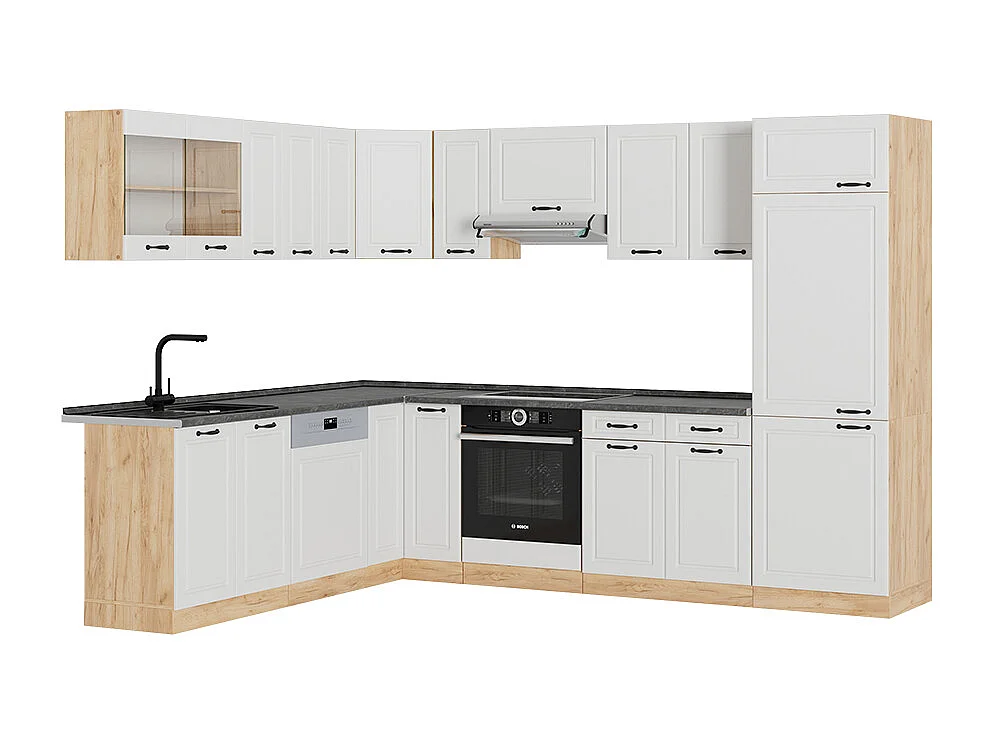 Cucina angolare completa casa di campagna bianca/quercia dorata 287x60x81.6 r-line