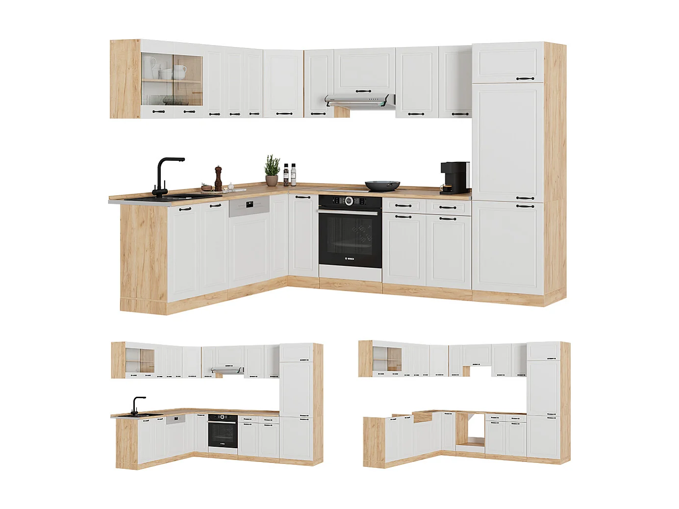 Cucina angolare completa casa di campagna bianca/quercia dorata 287x60x81.6 r-line