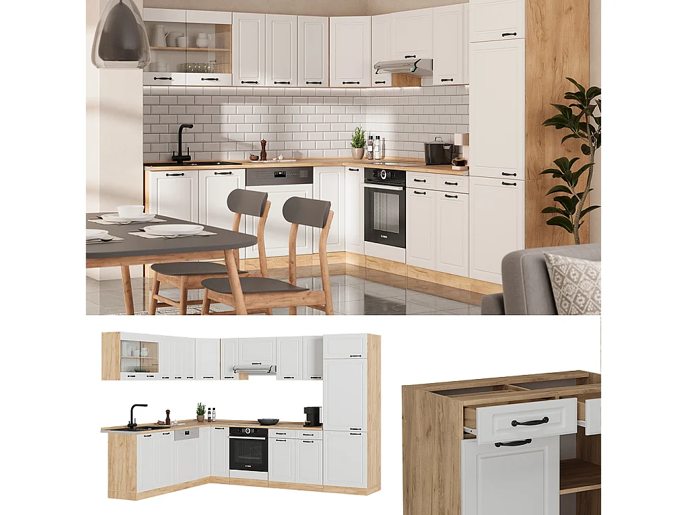 Cucina angolare completa casa di campagna bianca/quercia dorata 287x60x81.6 r-line