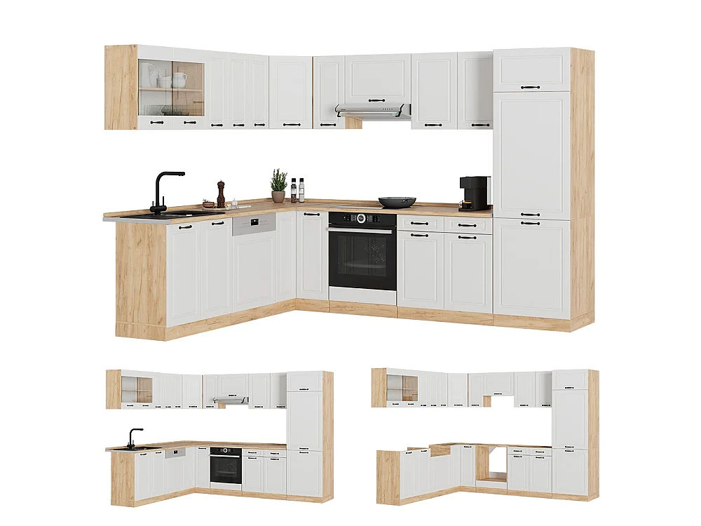 Cuisine en angle blanc campagne/chêne de force doré 287x60x81.6 r-line