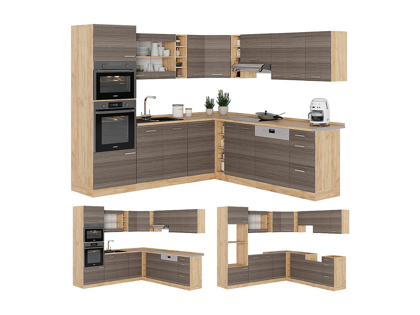 Cucina angolare completa grigio nobile/rovere dorato 247x46x81.6 r-line