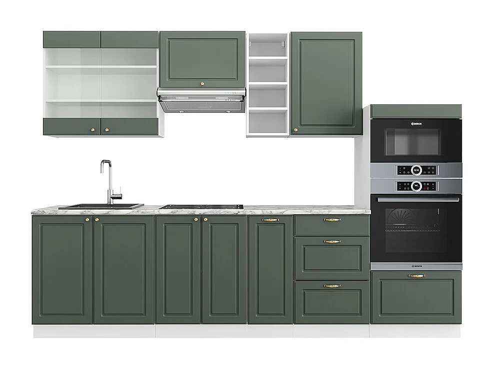 Mueble de cocina verde-dorado casa de campo/blanco 280x46x81.6 fame-line