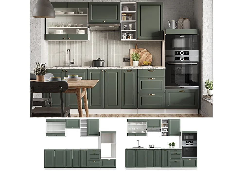 Mueble de cocina verde-dorado casa de campo/blanco 280x46x81.6 fame-line
