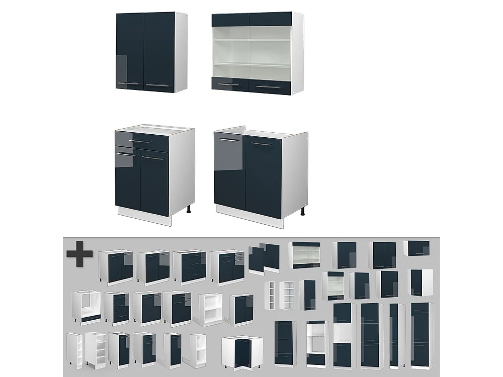 Singleküche dunkelblau hochglanz/weiß 140x60x81.6 fame-line