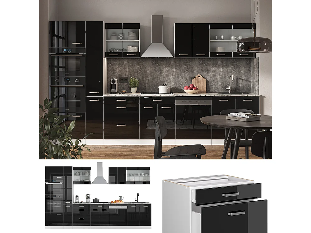 Zabudowa kuchenna czarny wysoki połysk/biały 350x60x81.6 r-line