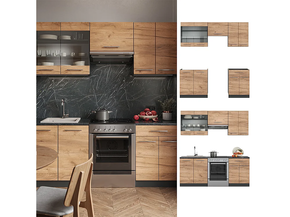 Cuisine chêne doré/anthracite 200x60x81.6 fame-line