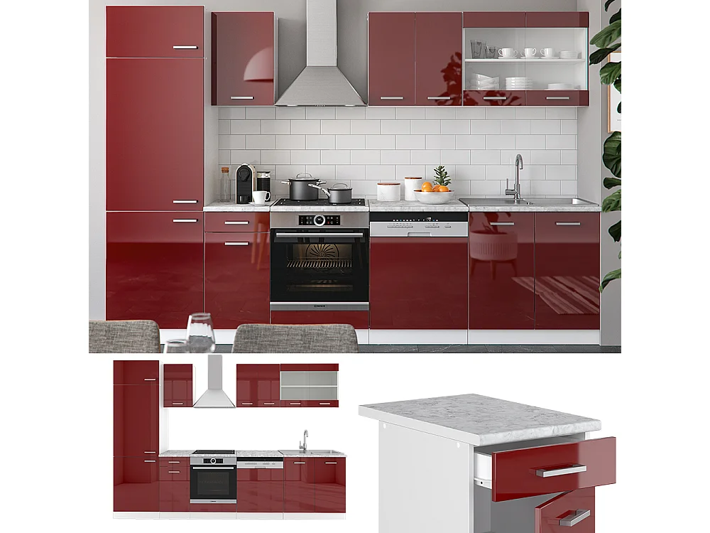 Mueble de cocina rojo brillo intenso/blanco 300x60x81.6 r-line