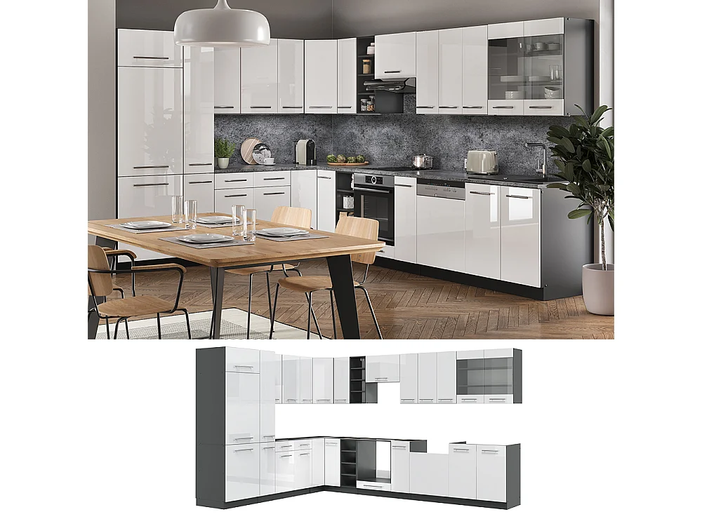 Eckküche weiß hochglanz/anthrazit 347x60x81.6 fame-line
