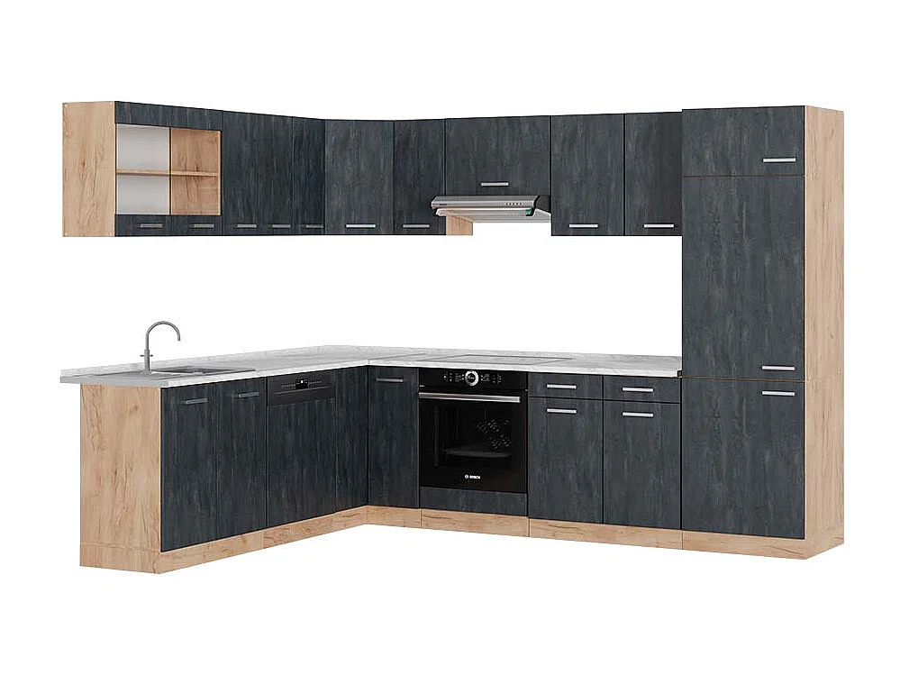 Kogoszczona kuchnia czarny beton/złoty dąb 287x60x81.6 r-line