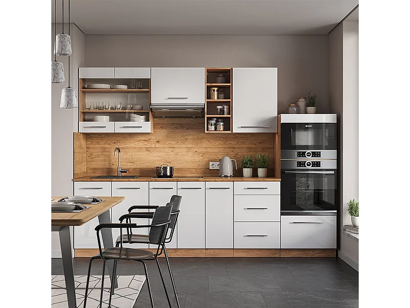 Mueble de cocina blanco brillo intenso/roble dorado 280x46x81.6 fame-line