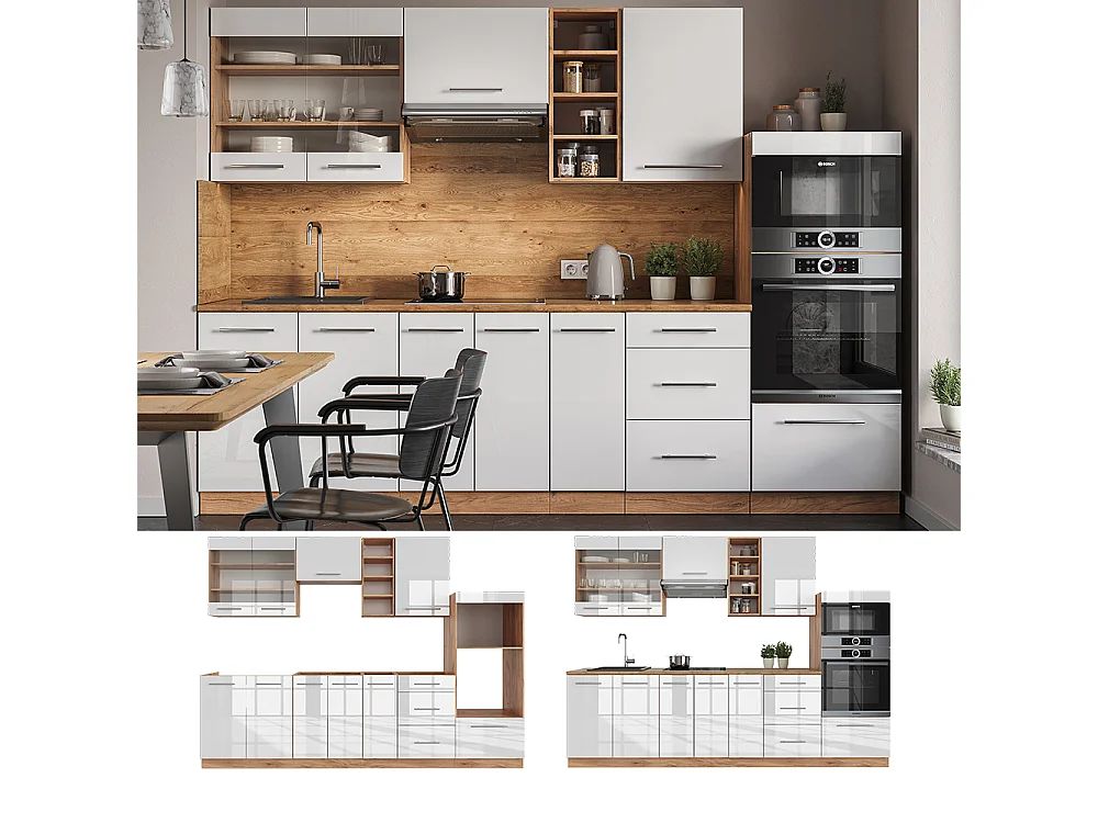 Cucina componibile bianco lucido/oro power oak 280x46x81.6 fame-line