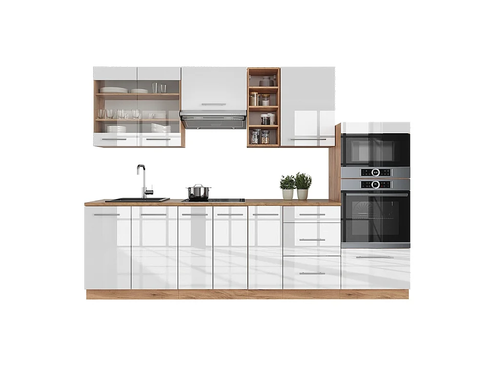 Mueble de cocina blanco brillo intenso/roble dorado 280x46x81.6 fame-line