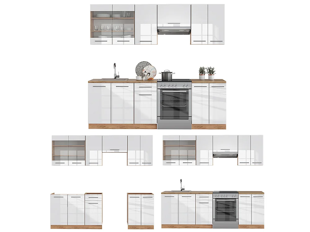 Cuisine blanc brillant/chêne doré 240x60x81.6 fame-line