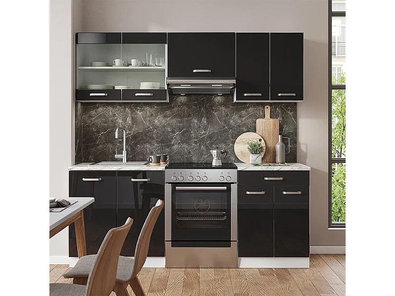 Mueble de cocina negro brillo/blanco 200x46x81.6 r-line