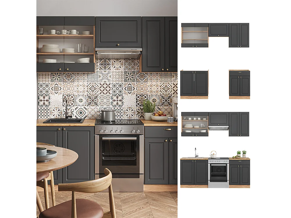 Complete keukeneenheid antraciet landhuis/goud kraft eik 200x60x81.6 fame-line