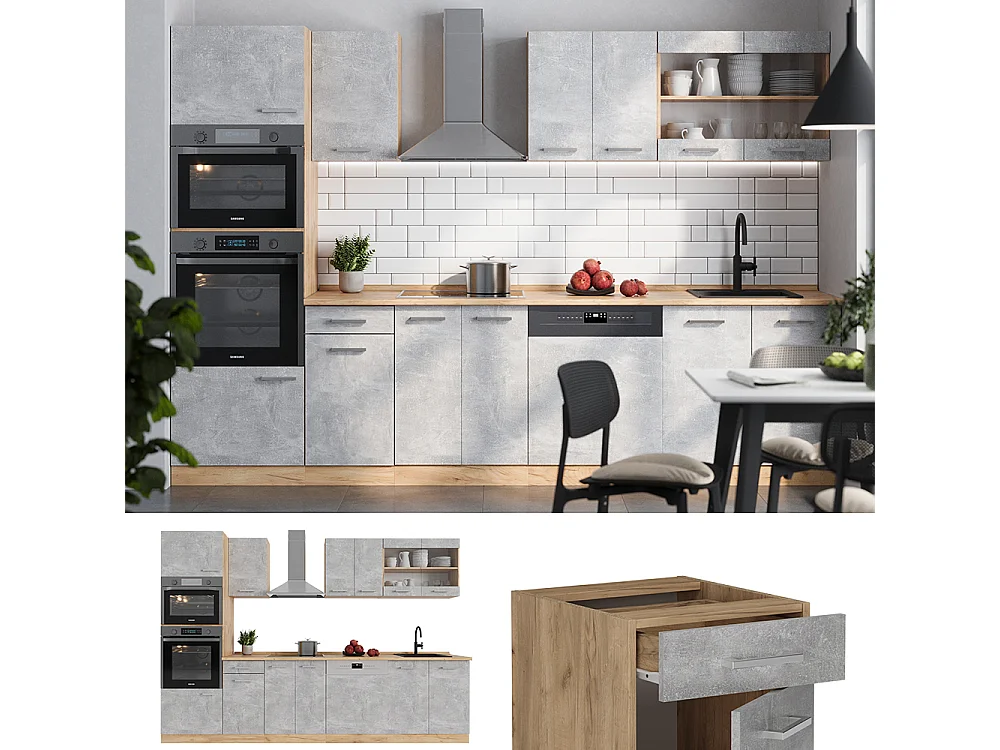 Cuisine béton/force dor chêne 300x60x81.6 r-line