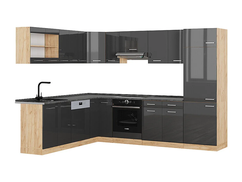 Cucina angolare completa antracite lucido/oro power oak 287x60x81.6 r-line