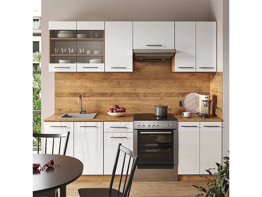 Küchenzeile weiß hochglanz/goldkraft eiche 240x60x81.6 fame-line