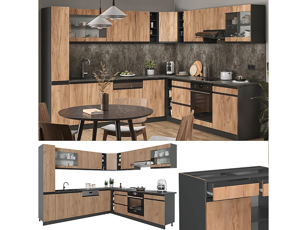 Hjørnekøkken gold power oak 257x46x81.6 r-line