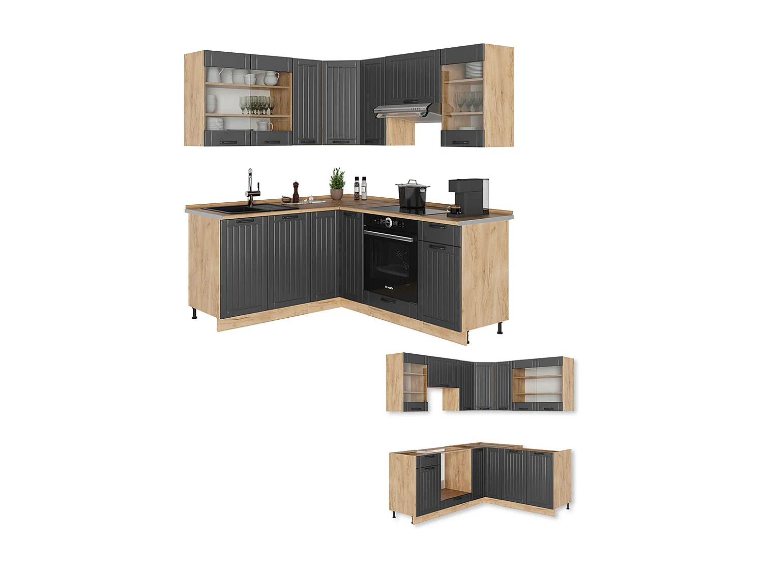 Cucina angolare completa grigio scuro 190x46x81.6 fame-line