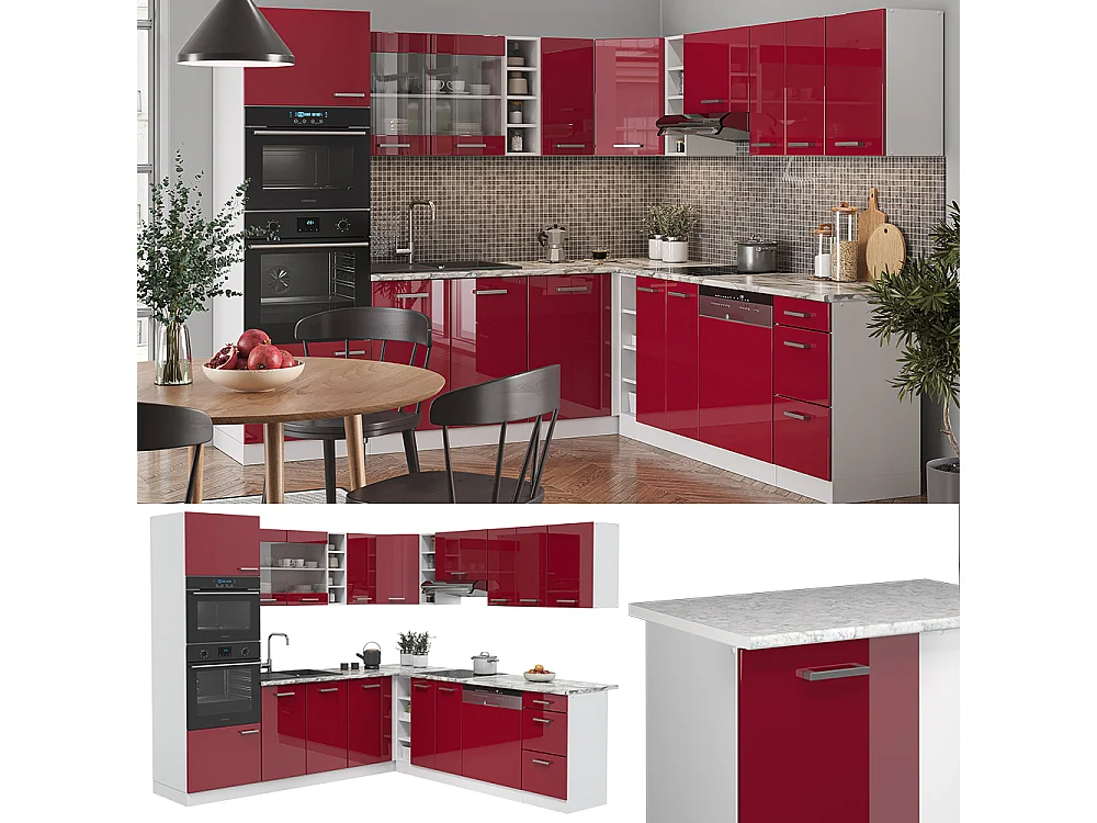 Cucina angolare completa rosso lucido/bianco 247x60x81.6 r-line