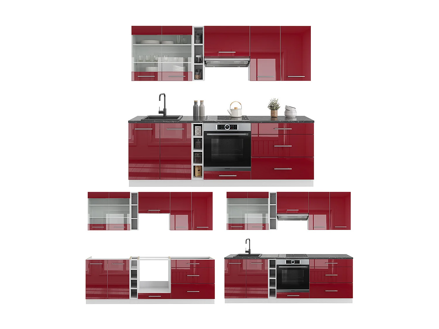 Küchenzeile bordeaux hochglanz/weiß 235x60x81.6 fame-line