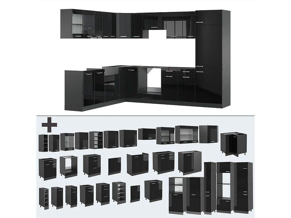 Cuisine en angle noir brillant/anthracite 287x46x81.6 r-line