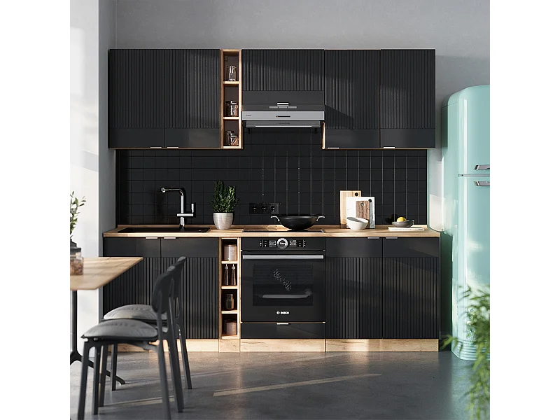 Küchenzeile schwarz gestreift/goldkraft eiche 235x60x81.6 fame-line