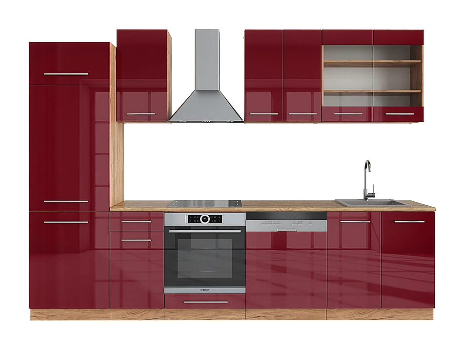 Mueble de cocina burdeos brillo intenso/roble dorado 300x60x81.6 fame-line