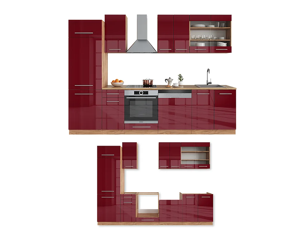 Køkkenrække bordeaux højglans/gylden eg 300x60x81.6 fame-line