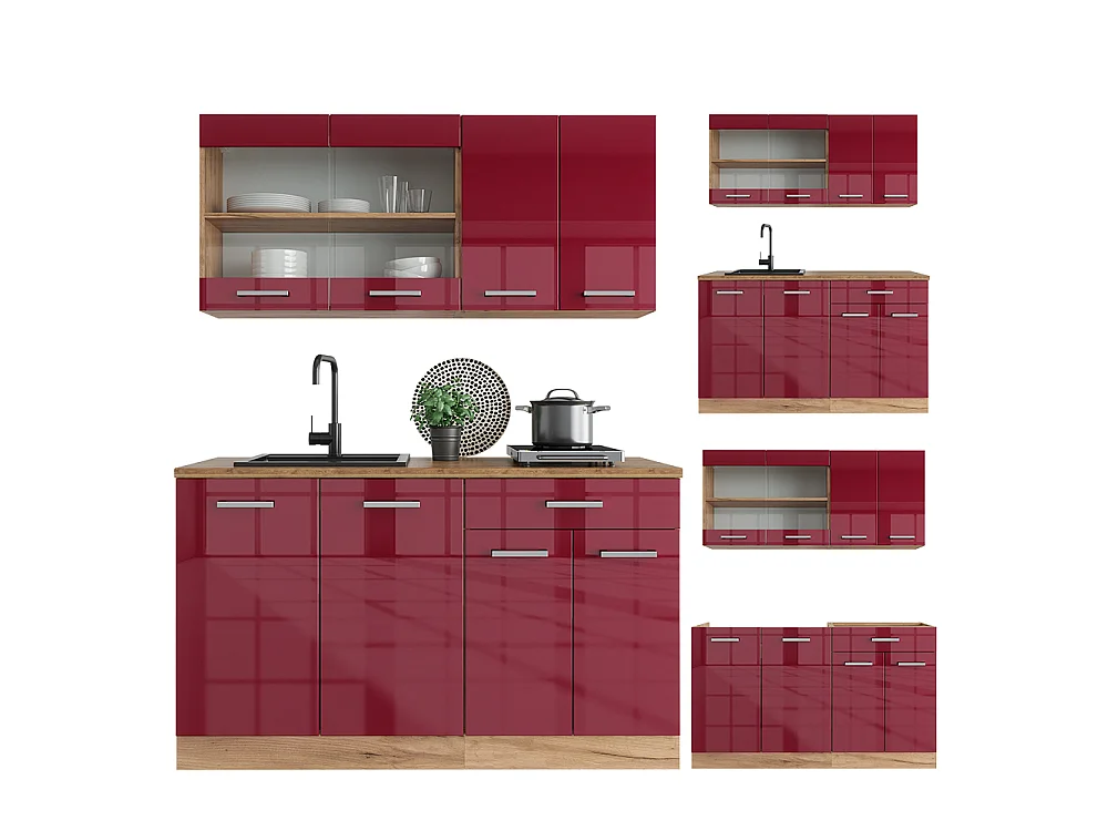Singlekøkken højglans rød/gylden eg 140x60x81.6 r-line