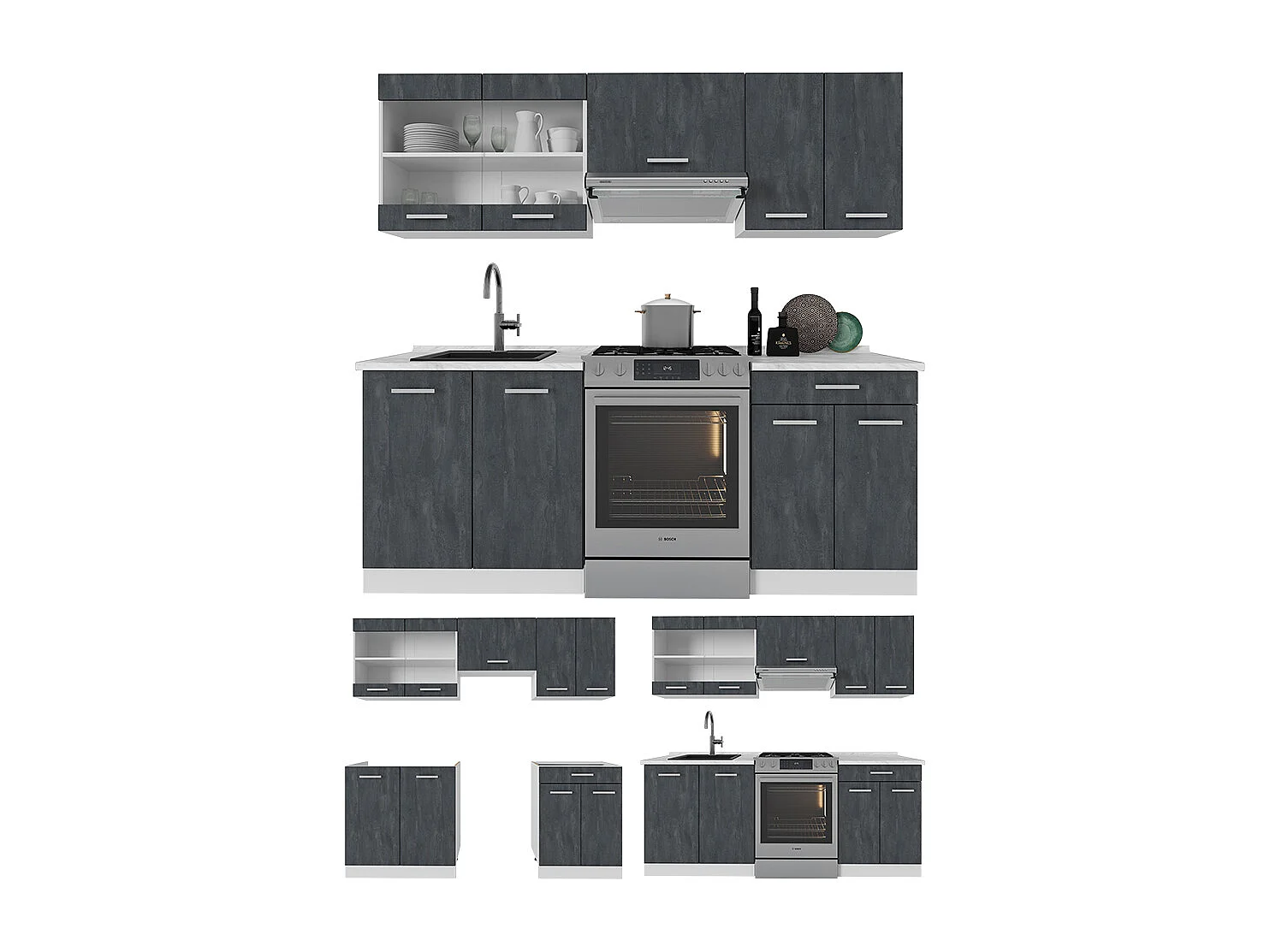 Cucina componibile nero cemento/bianco 200x46x81.6 r-line