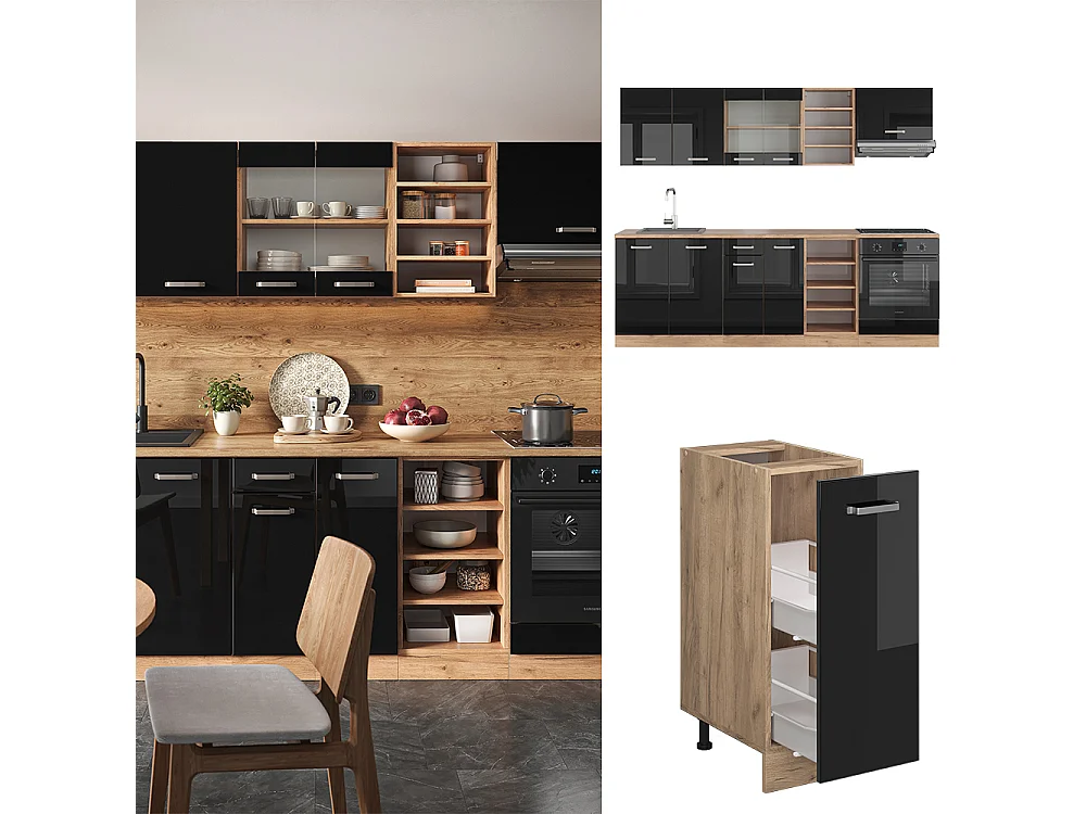 Mueble de cocina roble negro/dorado de alto brillo 240x60x81.6 r-line