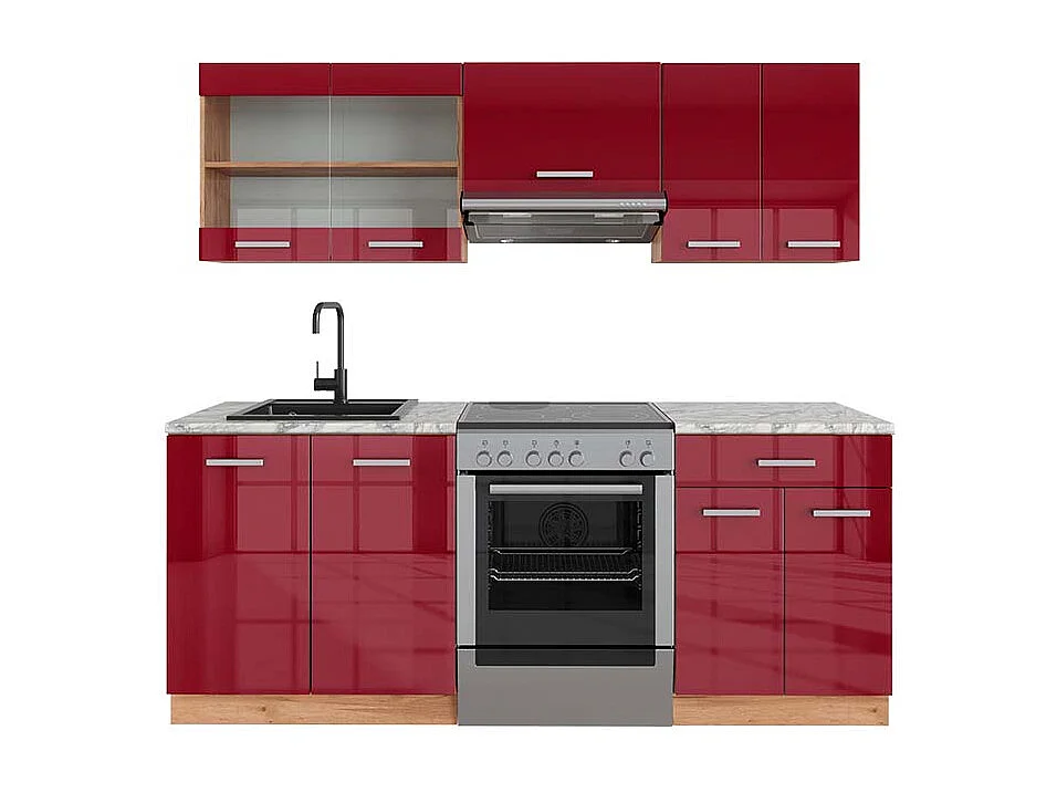 Cuisine rouge brillant/chêne doré 200x60x81.6 r-line