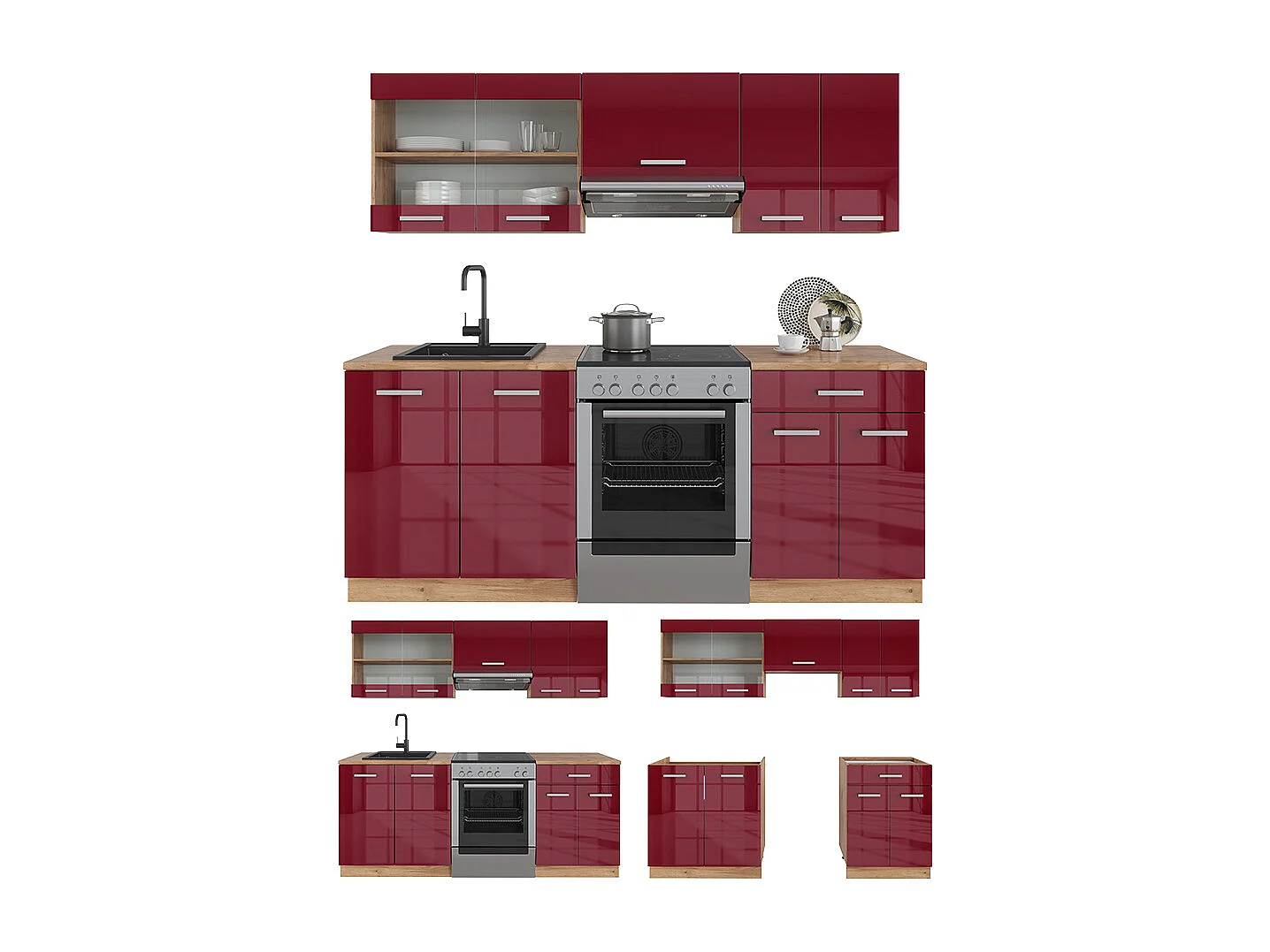 Cuisine rouge brillant/chêne doré 200x60x81.6 r-line