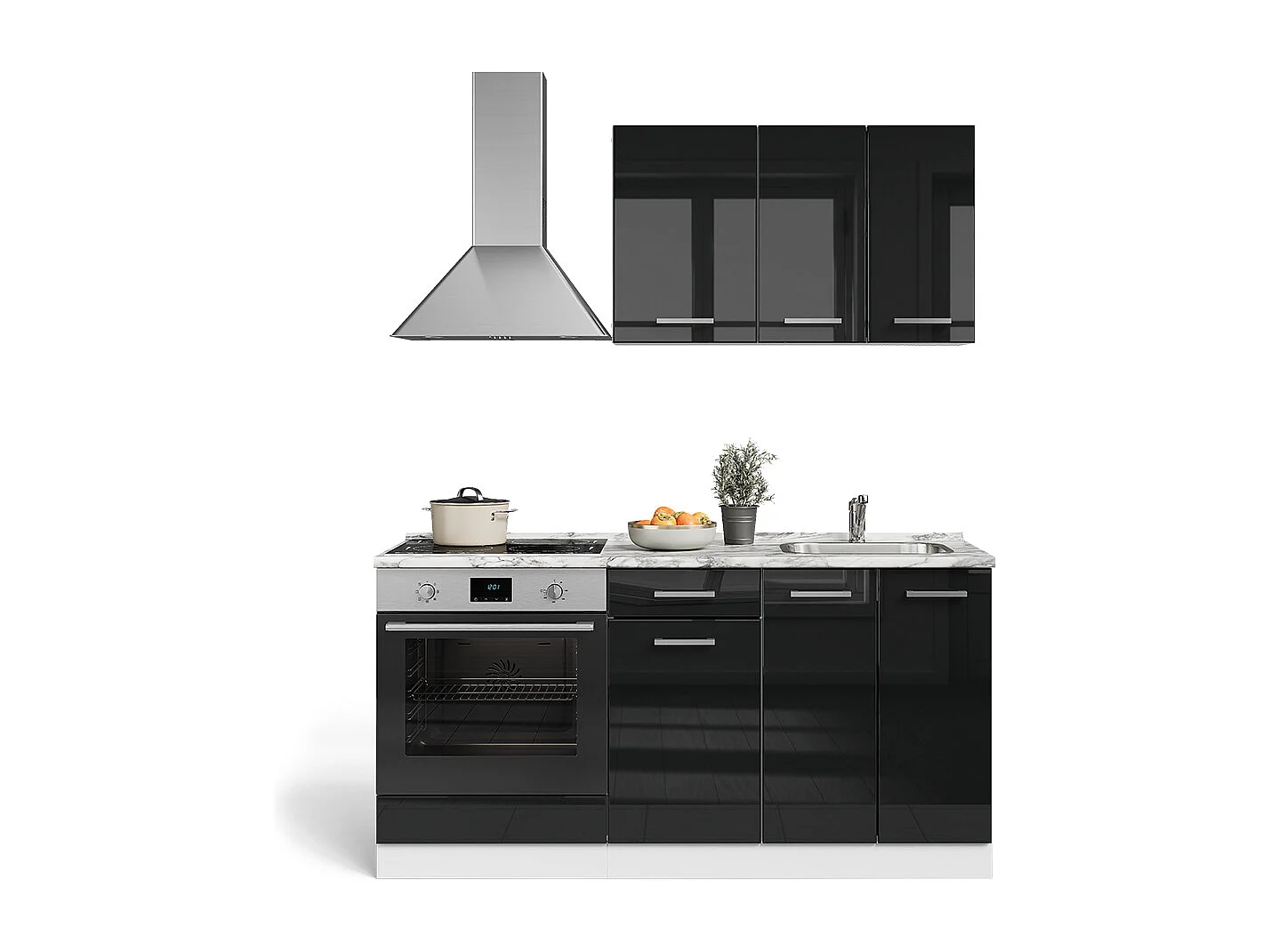 Single kitchen black high gloss/white 160x46x81.6 r-line
