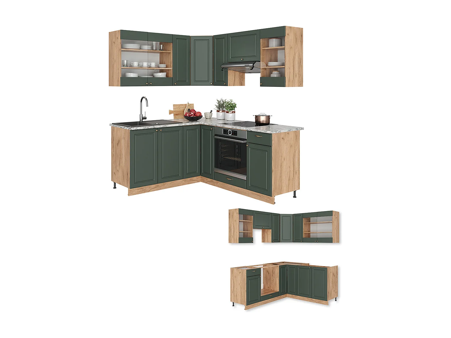 Cuisine en angle chêne vert et or/chêne doré 190x46x81.6 fame-line