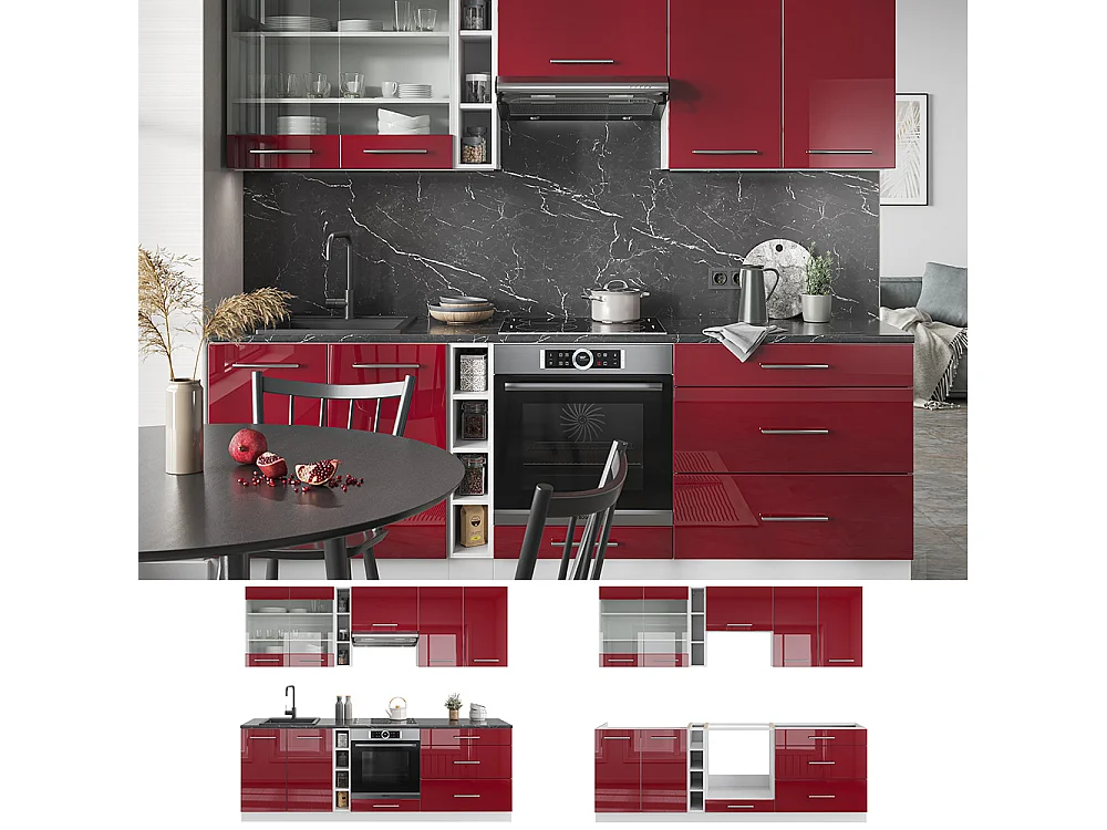 Cucina componibile bordeaux lucido/bianco 235x60x81.6 fame-line