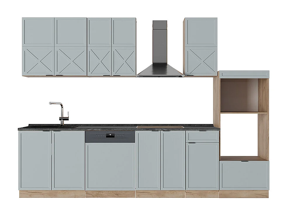 Køkkenrække lys blågrå/gylden eg 300x60x81.6 fame-line