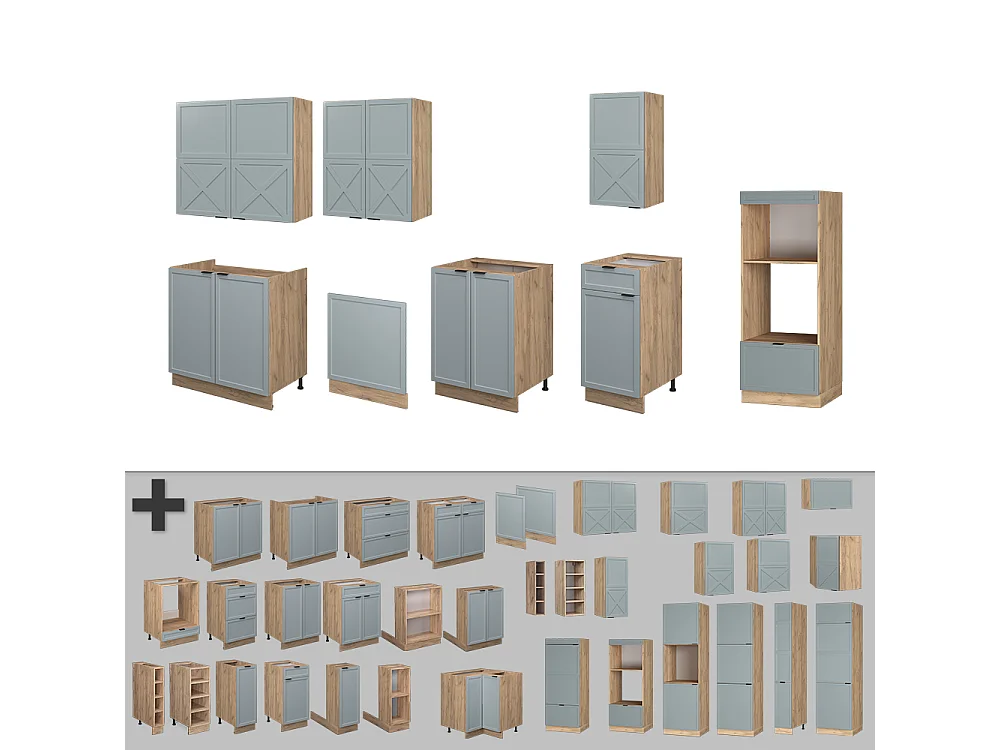 Køkkenrække lys blågrå/gylden eg 300x60x81.6 fame-line
