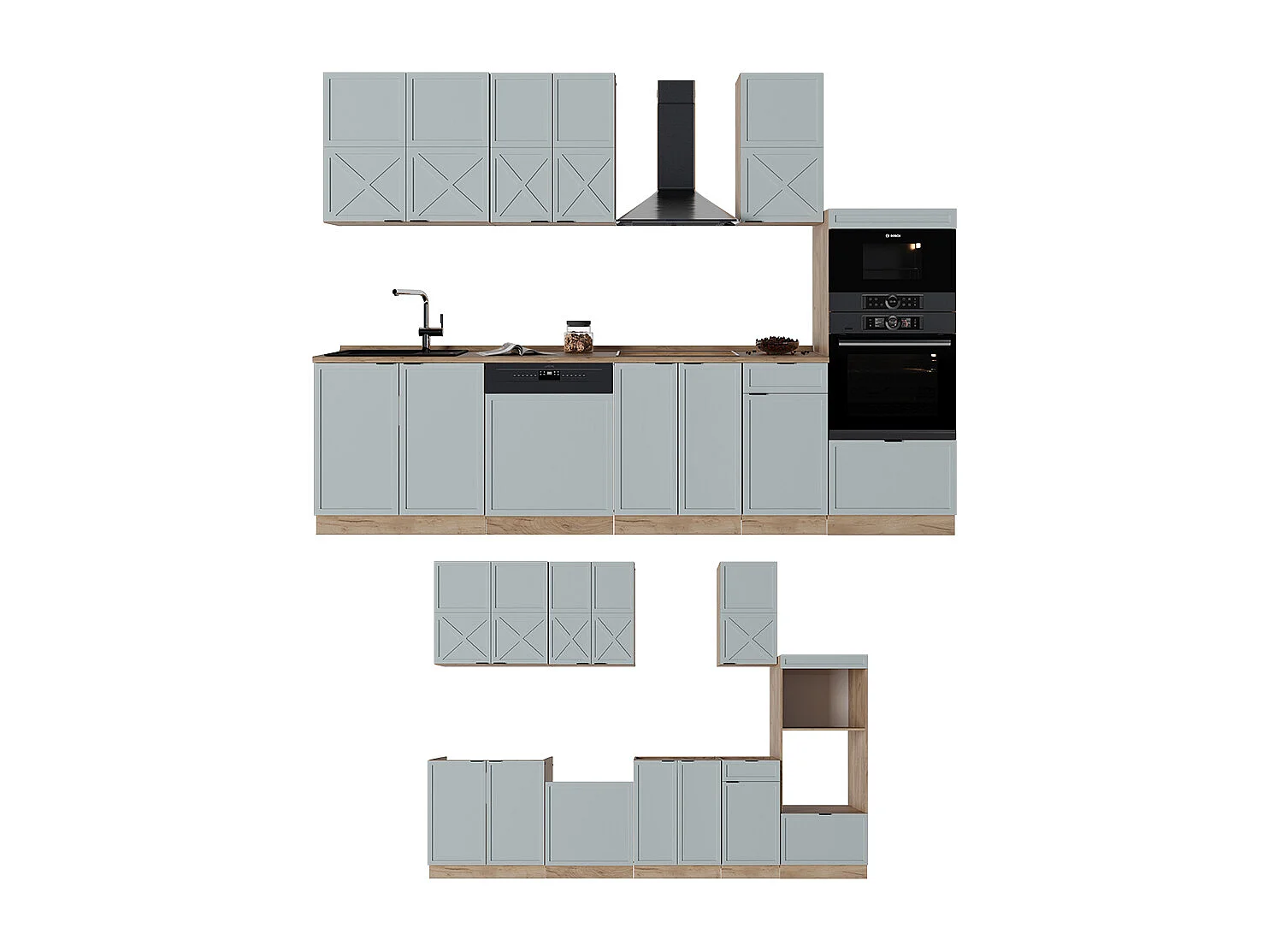 Køkkenrække lys blågrå/gylden eg 300x60x81.6 fame-line