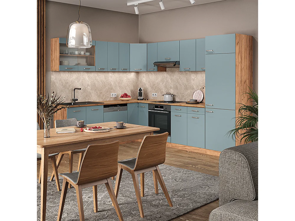 Cocina esquinera roble azul-gris-dorado 287x60x81.6 r-line