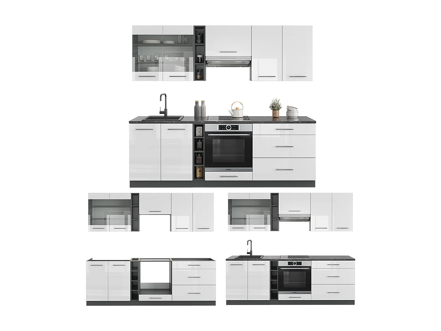 Mueble de cocina blanco brillo/antracita 235x46x81.6 fame-line