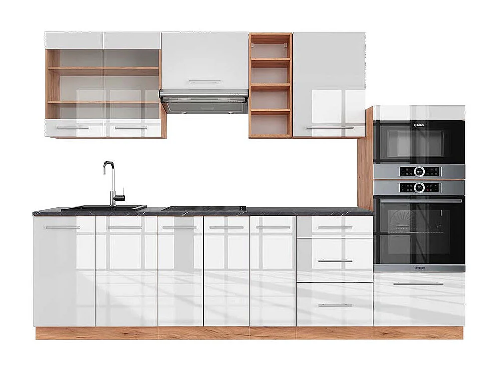 Mueble de cocina blanco brillo intenso/roble dorado 280x60x81.6 fame-line