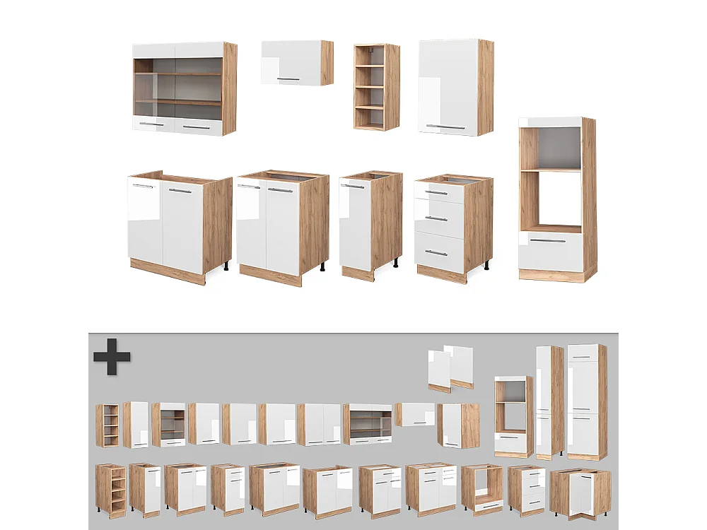 Mueble de cocina blanco brillo intenso/roble dorado 280x60x81.6 fame-line